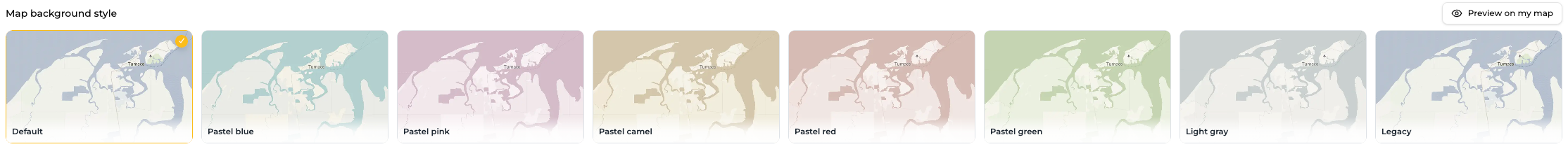 Gallery of the 8 map styles available in TraveledMap, with pastel blue, green, pink, red and camel colors, plus two blue styles and one gray style