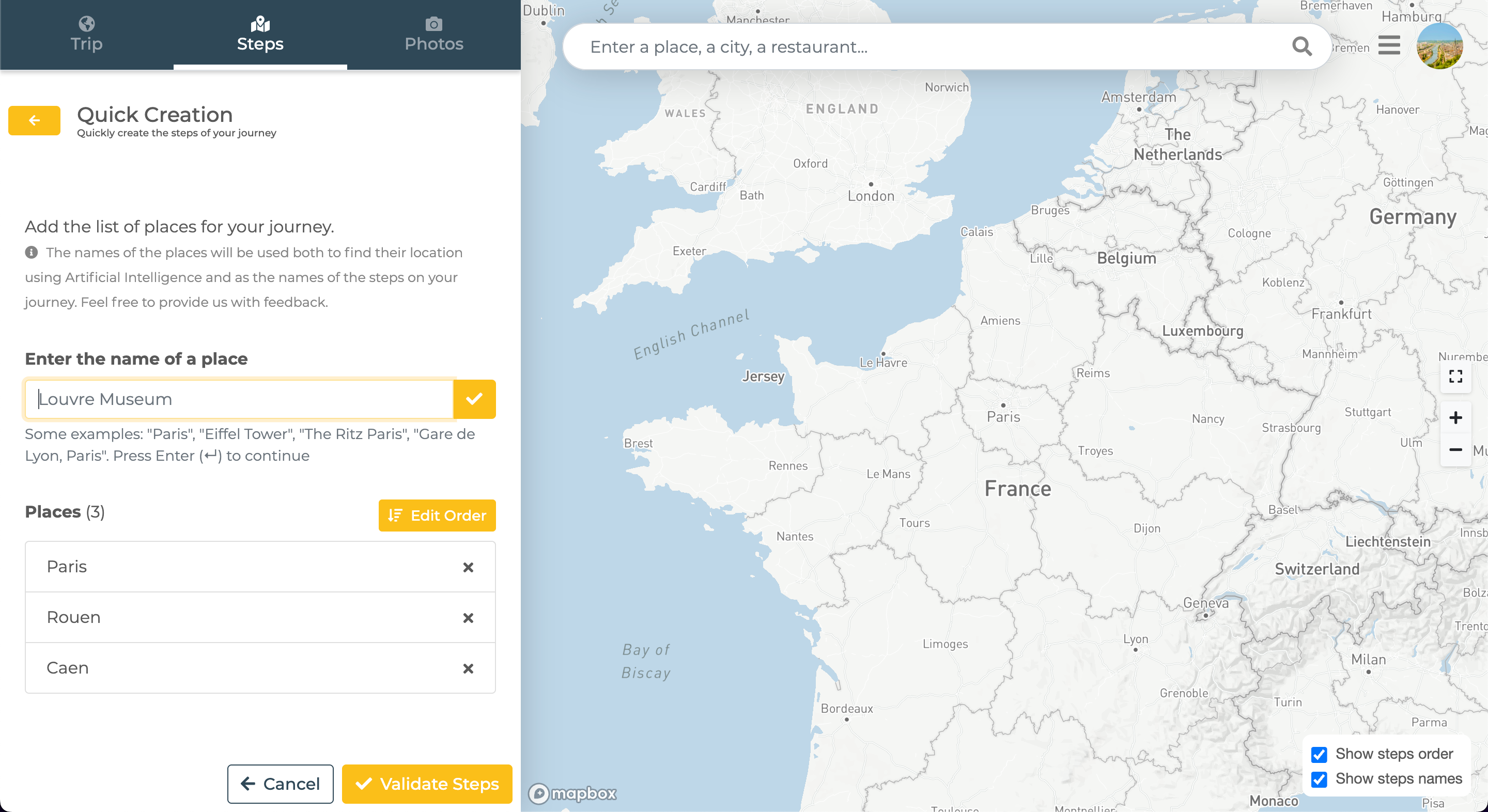 Add trip steps with AI