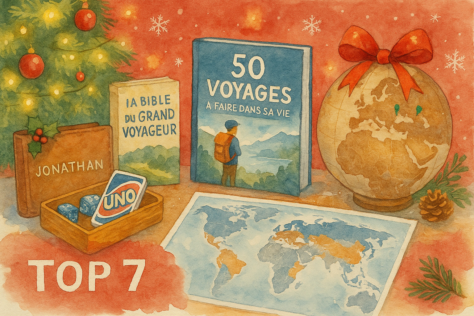 Warm Christmas scene with travel-themed gifts: globe, books, TraveledMap poster, and festive decor.