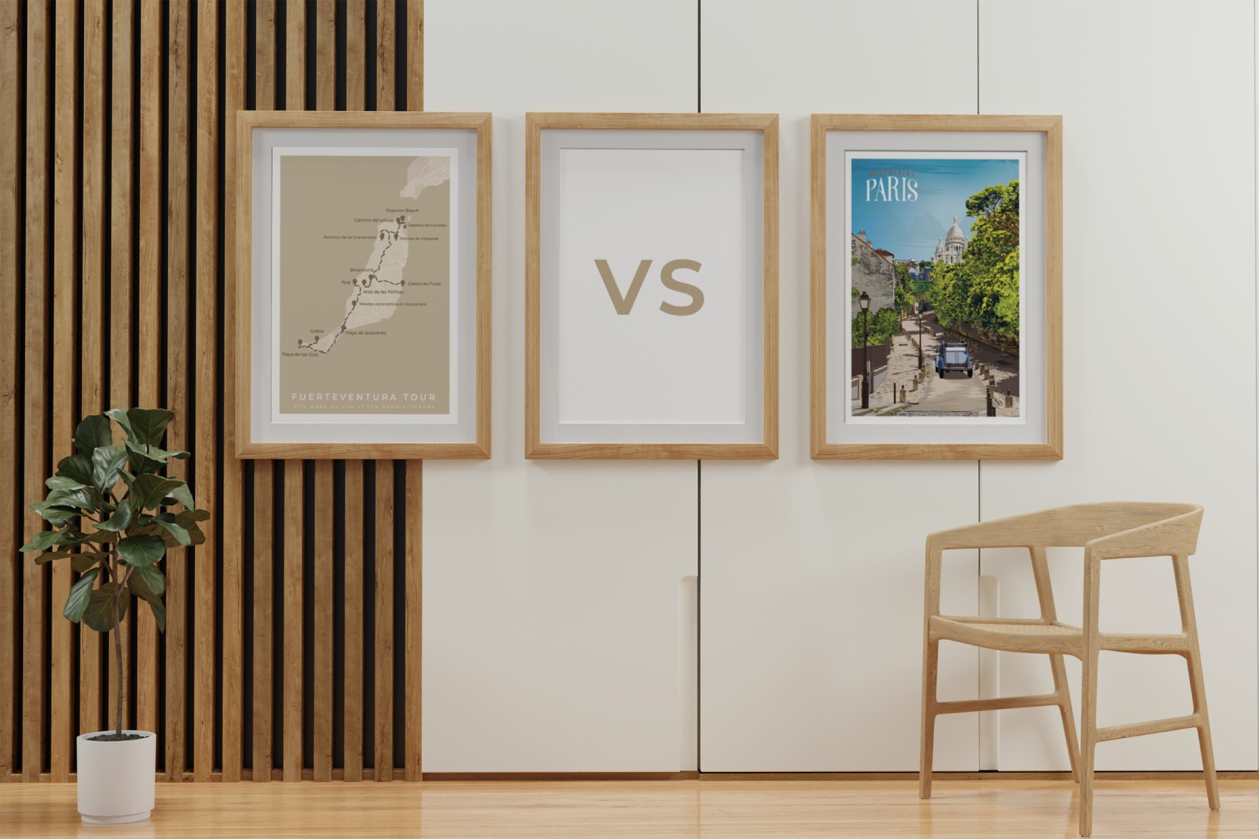 Two framed posters on a wall: one showing a travel itinerary map of Fuerteventura, the other an illustrated travel poster of Paris