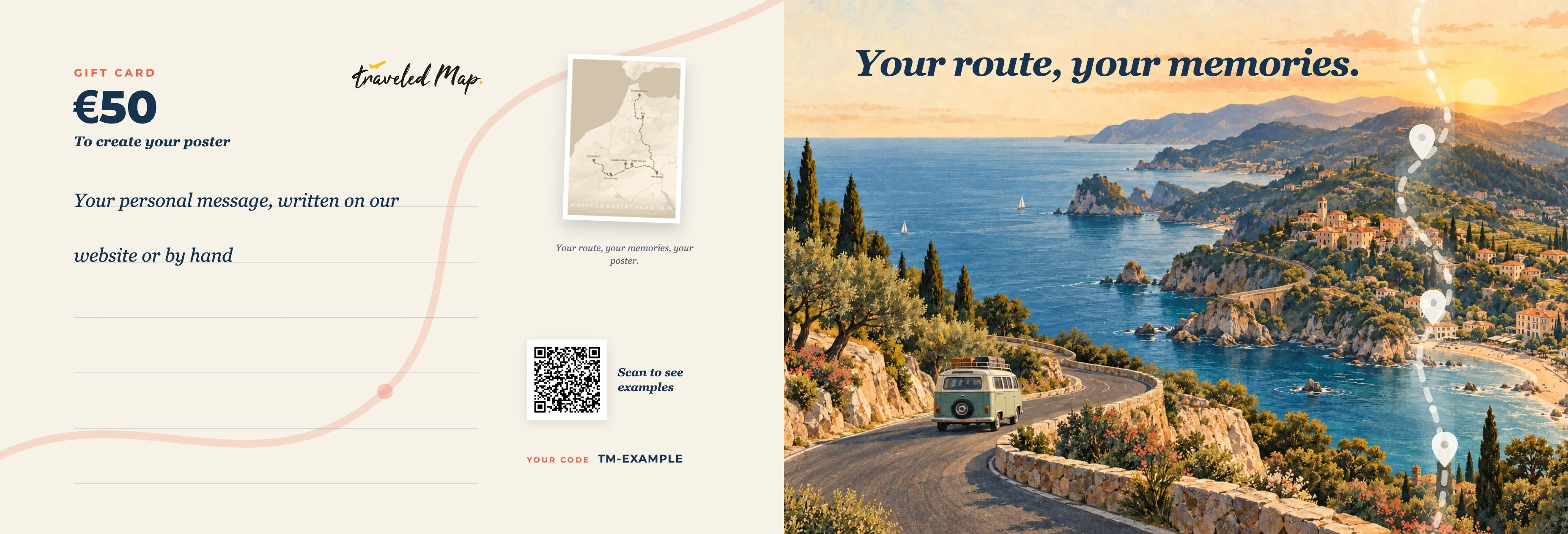 Personalized TraveledMap gift card featuring a Mediterranean coastal road trip